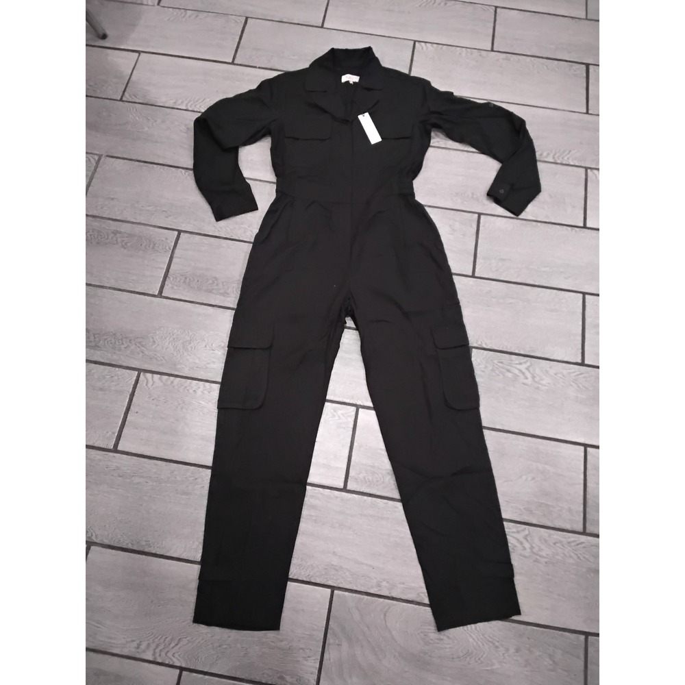 Martha Utility Jumpsuit Black Cargo Pocket Long‎ Sleeve Button Front Women XS